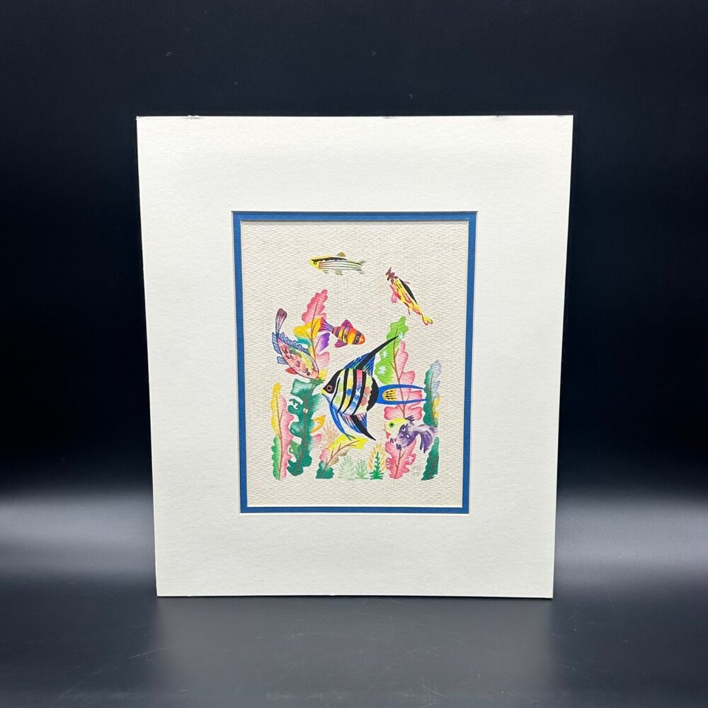 Vintage Angel Fish Watercolor Art Tropical Ocean Signed 1994 Rainbow Matted